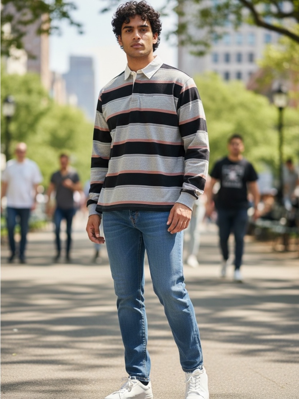 Kuwalla  Brand Men's Striped Rugby Polo Shirt - Black, Gray & Brown